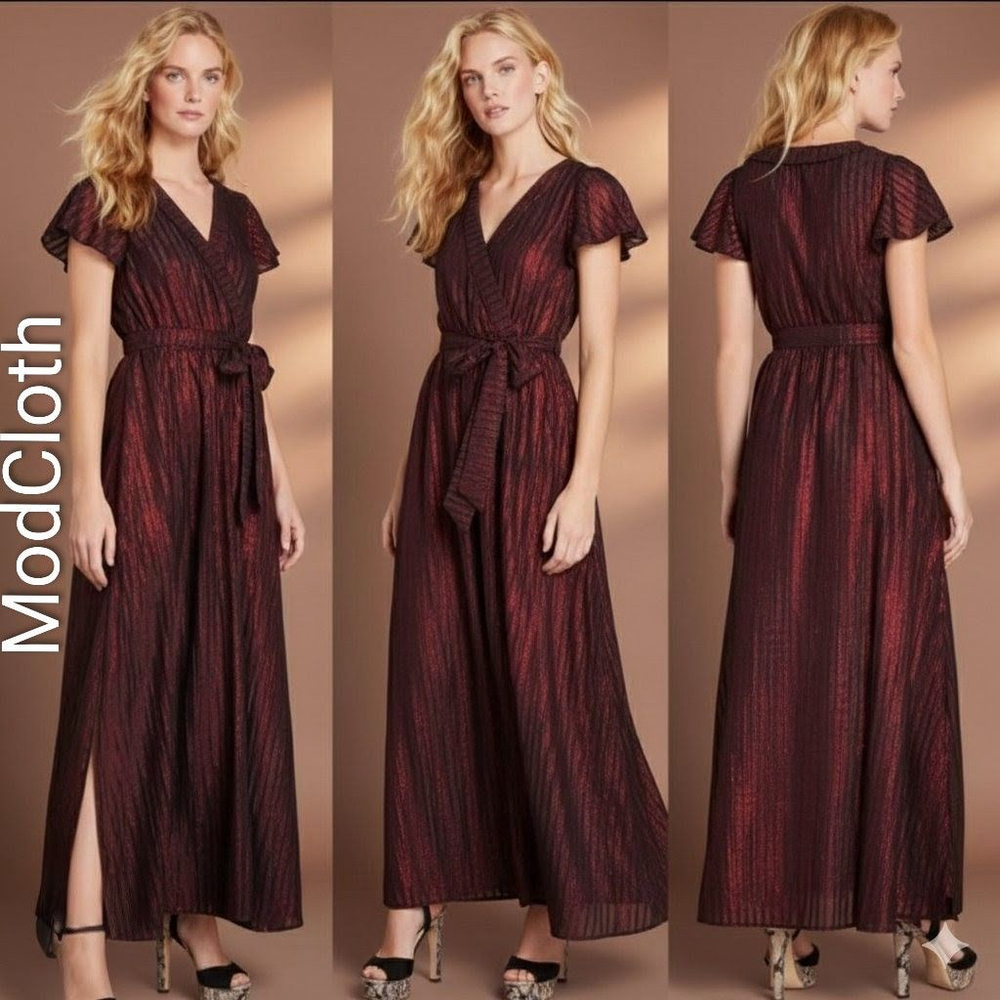 Women's ModCloth Whimsigoth Black Red Iridescent Maxi Wrap Dress XS Xmas Holiday
